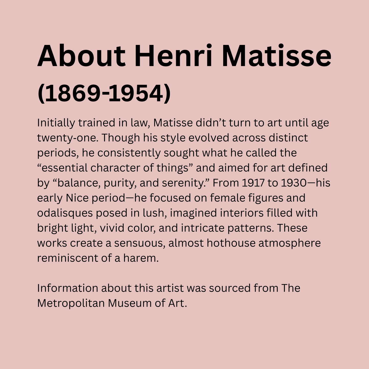 Text about Henri Matisse on a pink background