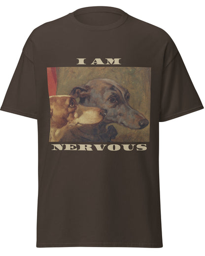 a brown t-shirt with a dog graphic and the text 'I Am Nervous' 