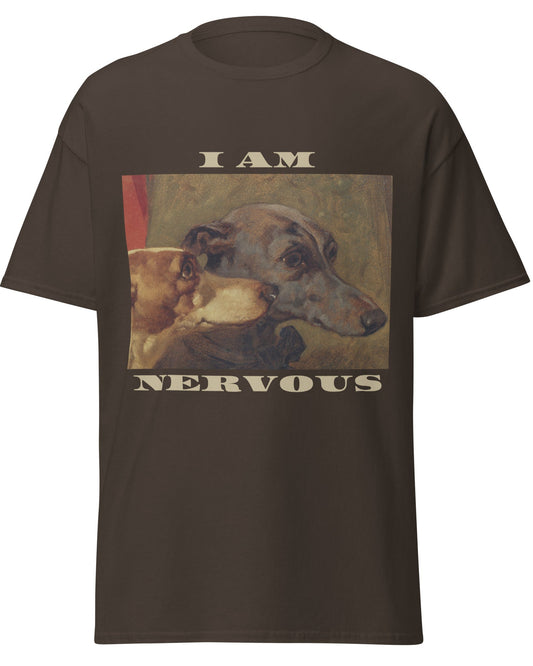 a brown t-shirt with a dog graphic and the text 'I Am Nervous' 
