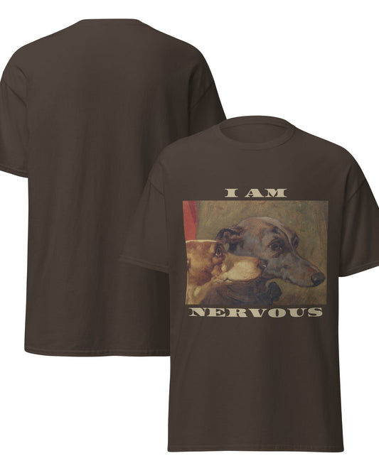 a brown t-shirt with a dog graphic and the text 'I Am Nervous' 